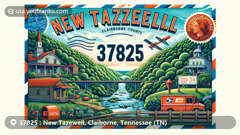 Modern illustration of New Tazewell, Claiborne County, Tennessee, capturing the essence of ZIP code 37825 with Cumberland Gap National Historical Park and postal theme, showcasing local symbols and vibrant design.