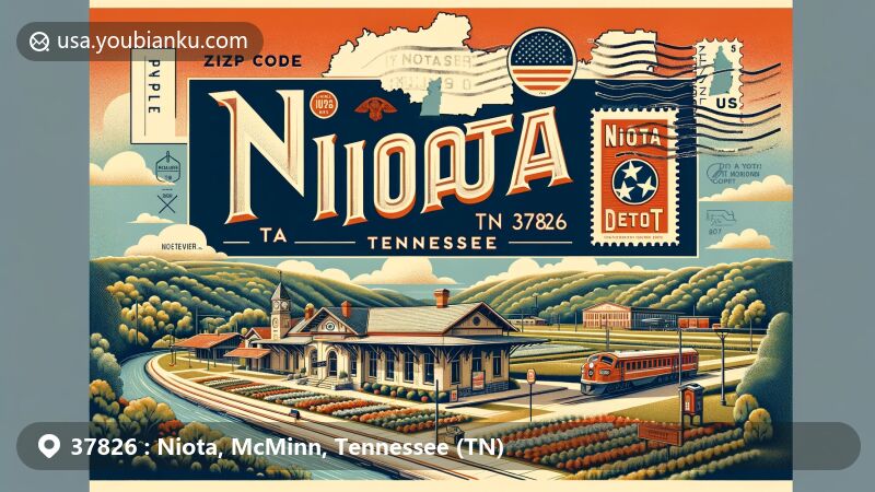 Modern illustration of Niota, McMinn County, Tennessee, showcasing Niota Depot and postal elements with ZIP code 37826, representing the city's history and location along US Route 11.