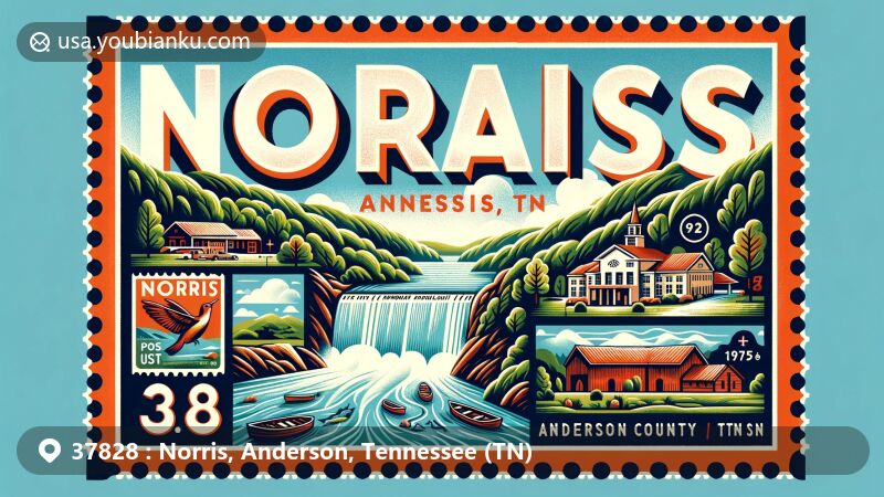 Modern illustration of Norris, Anderson County, Tennessee, showcasing postal theme with ZIP code 37828, featuring Museum of Appalachia and Norris Dam State Park.