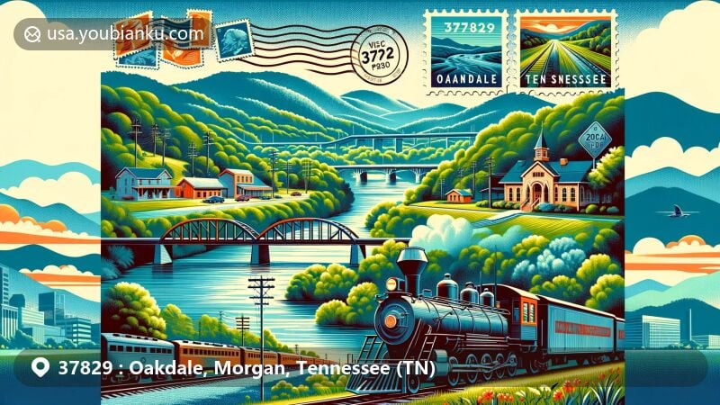 Modern illustration of Oakdale, Morgan, Tennessee, capturing the essence of ZIP code 37829 with a blend of natural beauty, railroad history, and postal elements.