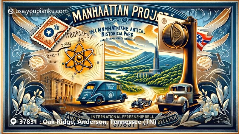 Modern illustration of Oak Ridge, Tennessee, featuring Manhattan Project National Historical Park and International Friendship Bell, with vintage air mail envelope and atomic symbol stamp against backdrop of Anderson County silhouette and Tennessee state flag elements.