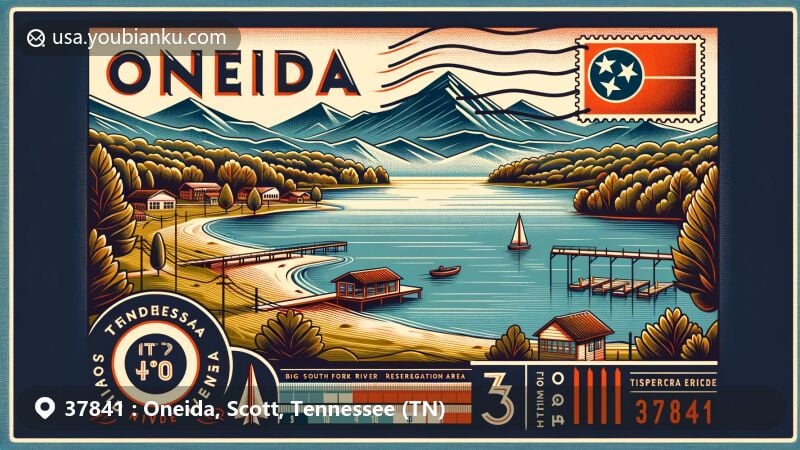 Modern illustration of Oneida, Tennessee, highlighting Ponderosa Lake, Big South Fork National River, and Tennessee state symbols, with a postal theme and ZIP code 37841.