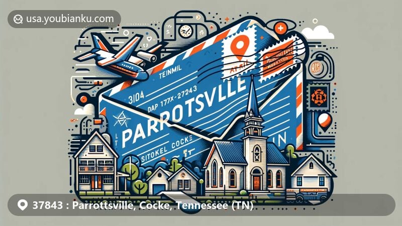 Modern illustration of Parrottsville, Cocke, TN, featuring airmail envelope with postal elements and local landmarks like Parrottsville United Methodist Church and Parrottsville Memorial Church, displaying ZIP code 37843.