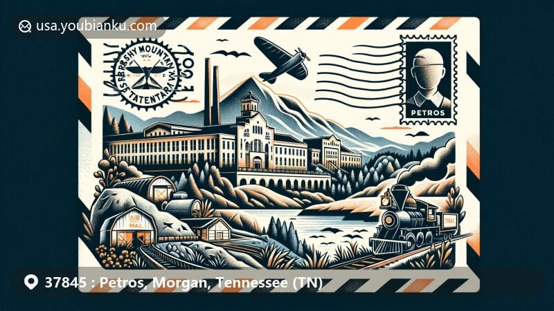 Modern illustration of Petros, Morgan County, Tennessee, with vintage airmail envelope featuring Brushy Mountain State Penitentiary stamp, coal mining symbols, and natural beauty, highlighting ZIP code 37845.