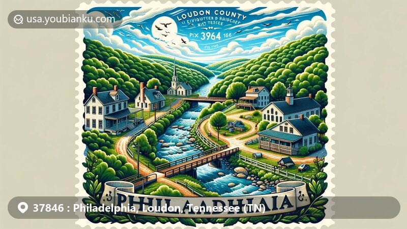 Modern illustration of Philadelphia, Tennessee, in Loudon County, showcasing lush green forests, rolling hills, historical sites, Sweetwater Creek, community charm, and postal theme with ZIP code 37846.