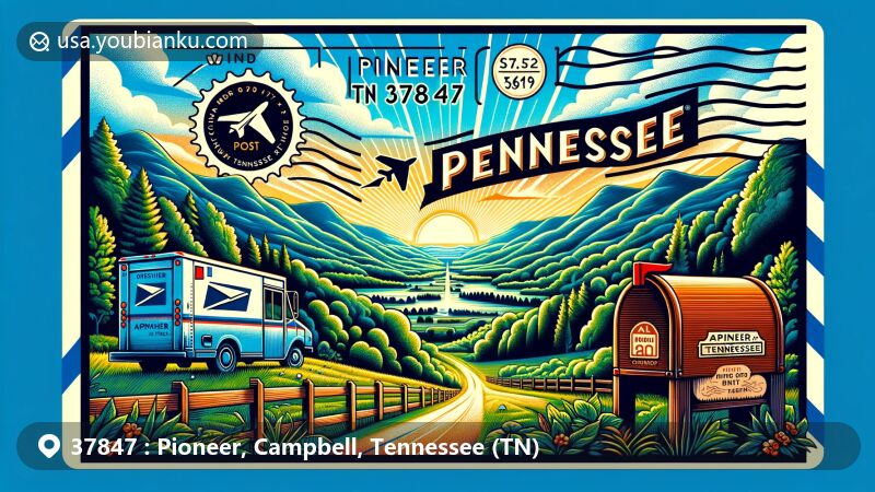Modern illustration of Pioneer, Tennessee, blending Appalachian Mountain scenery with postal elements, showcasing ZIP code 37847, featuring airmail envelope with Tennessee flag stamp and postmark.