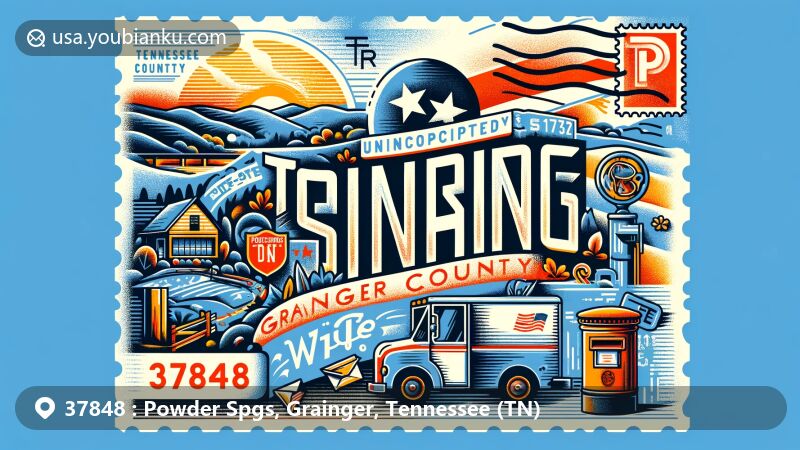 Modern illustration of Powder Springs, Grainger County, Tennessee, incorporating postal theme with ZIP code 37848, showcasing scenic beauty and cultural heritage, featuring Tennessee state flag and Grainger County outline.