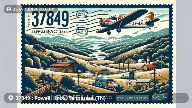 Modern illustration of Powell, Knox County, Tennessee, showcasing postal theme with ZIP code 37849, featuring Beaver Creek Valley and historical landmarks, including the Airplane Service Station, against the backdrop of Ridge-and-Valley Appalachians.