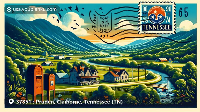 Creative illustration of Pruden, Claiborne County, Tennessee, showcasing postal theme with ZIP code 37851, emphasizing scenic beauty and Appalachian Mountain backdrop.