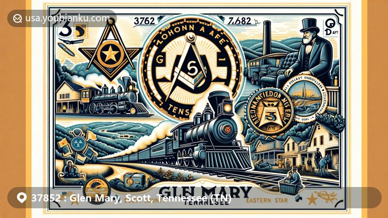 Modern illustration of Glen Mary, Scott County, Tennessee, showcasing historical coal mining significance, Masons and Eastern Star presence, and railroad heritage, featuring vintage coal mine, steam locomotives, and social organization emblems.