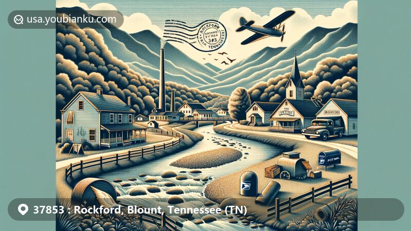 Modern illustration of Rockford, Blount County, Tennessee, highlighting postal theme with ZIP code 37853, featuring tranquil beauty of the Tennessee Mountains, rural atmosphere, Little River, vintage elements reflecting local history, and postal motifs like a postage stamp with ZIP code 37853 and mail-related objects.