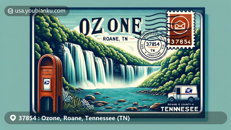 Vintage-style illustration of Ozone Falls in Roane County, Tennessee, featuring majestic waterfall, lush greenery, postal elements, and '37854' postal code.