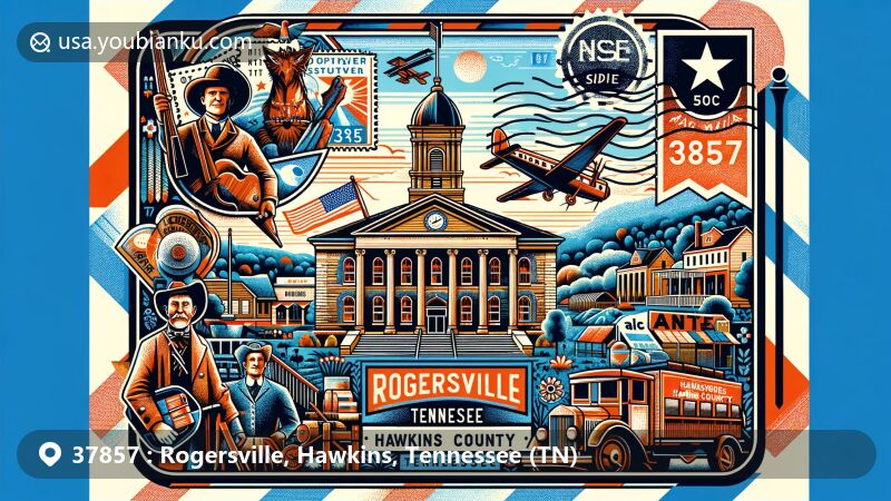 Modern illustration of Rogersville, Hawkins County, Tennessee, showcasing the Hawkins County Courthouse and historical figures like Davy Crockett's grandparents and town founder, Joseph Rogers, with postal theme elements and lush, picturesque landscapes.