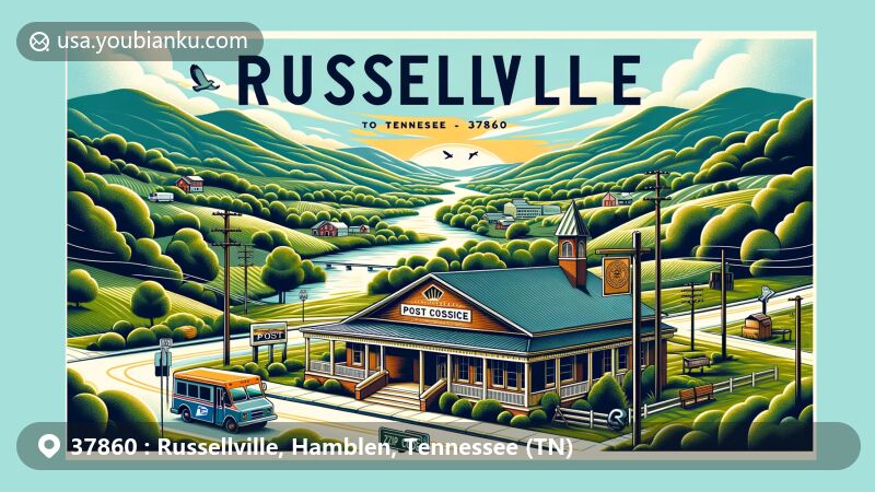Modern illustration of Russellville, Tennessee, highlighting the lush green vegetation and rolling hills of Eastern Tennessee, symbolizing outdoor activities like fishing and hiking, with the iconic post office at the center and the '37860' ZIP Code featured prominently.