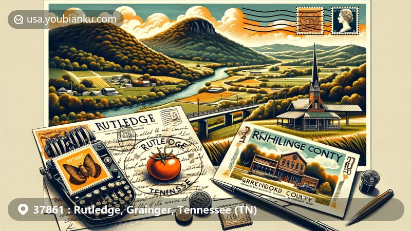 Modern illustration of Rutledge, Grainger County, Tennessee, showcasing postal theme with ZIP code 37861, featuring Richland Valley, Clinch Mountain, Cherokee Lake, Grainger County landmarks, and vintage postal elements.