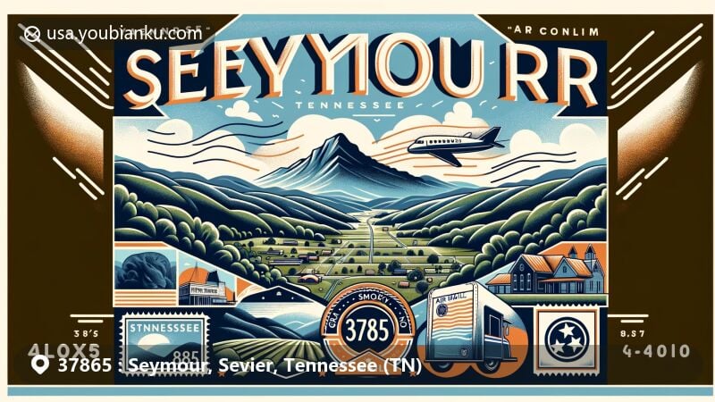 Modern illustration of Seymour, Sevier County, Tennessee, showcasing postal theme with ZIP code 37865, blending natural beauty with local symbols like Bluff Mountain, Great Smoky Mountains stamp, and state flag of Tennessee.