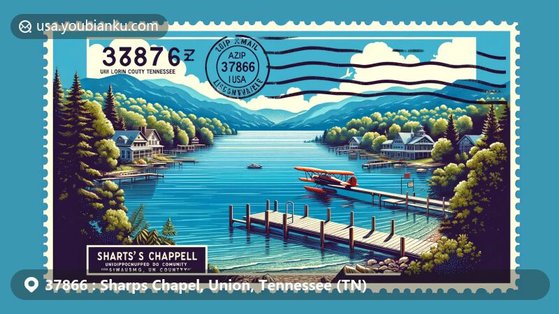 Modern illustration of Sharps Chapel, Union County, Tennessee, displaying postal theme with ZIP code 37866, featuring Norris Lake and serene lakeside setting.