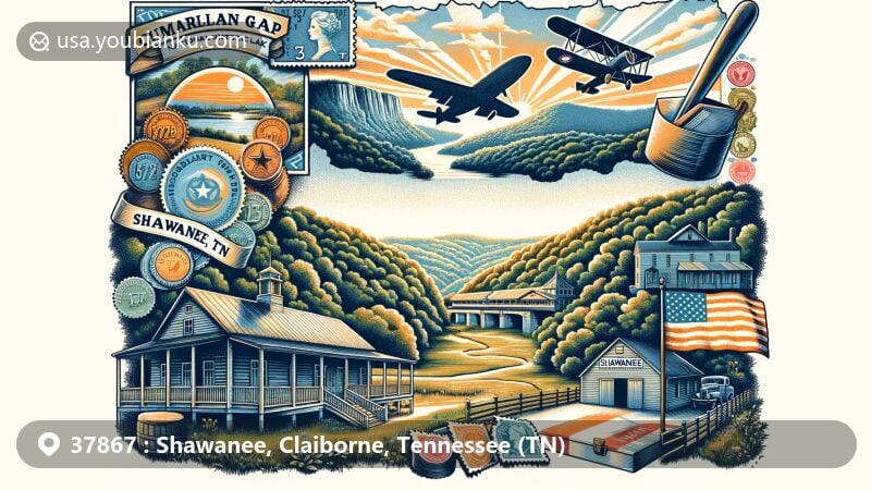 Creative illustration of Shawanee, Claiborne County, Tennessee, featuring Cumberland Gap National Historical Park and vintage postal theme with air mail envelope and state symbols.