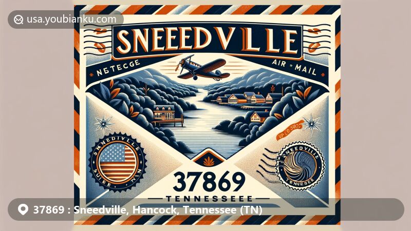 Modern illustration of Sneedville, Hancock County, Tennessee, featuring vintage airmail envelope frame representing postal theme, showcasing Clinch River landscape, and symbolizing Melungeons cultural heritage. Includes postal elements like stamps with 'Sneedville, TN' and '37869' ZIP code, respecting diverse ancestral background. Creative design suitable for web use, paying tribute to unique cultural and geographical features.