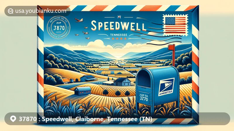 Modern illustration of Speedwell, Tennessee, showcasing airmail envelope with ZIP code 37870 against backdrop of rolling hills and farmlands, featuring American flag mailbox.