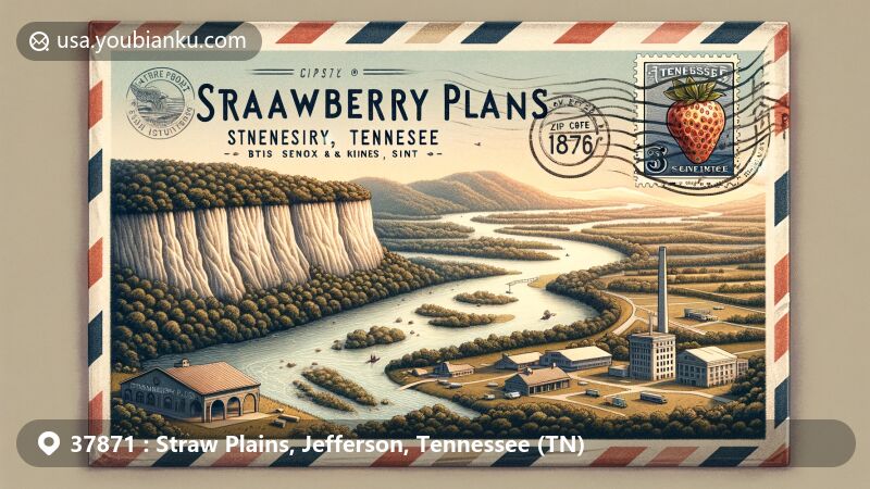 Vintage-style illustration of Strawberry Plains, Tennessee, merging natural scenery with postal theme, featuring Holston River, limestone quarry, zinc mine, local landmarks, and Tennessee Bureau of Investigation's office.