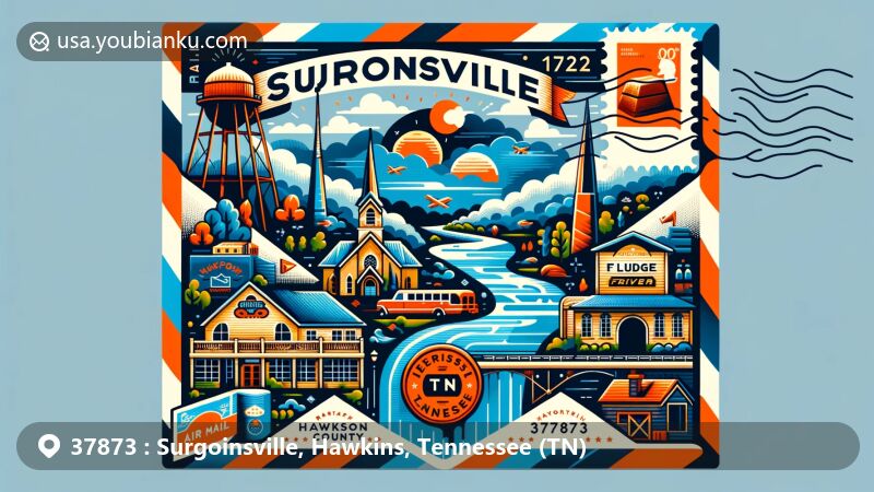 Modern illustration of Surgoinsville, Hawkins County, Tennessee, inspired by an air mail envelope design, featuring Holston River, Fudge Farm, and postal elements with ZIP code 37873.