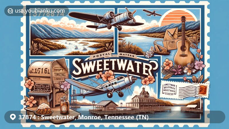 Modern illustration capturing Sweetwater, Monroe County, Tennessee, with Lost Sea in Craighead Caverns, vintage aircraft from Swift Museum, and Blooms, Bluegrass, & BBQ Festival, showcasing natural wonders, aviation history, and community celebration of ZIP code 37874.
