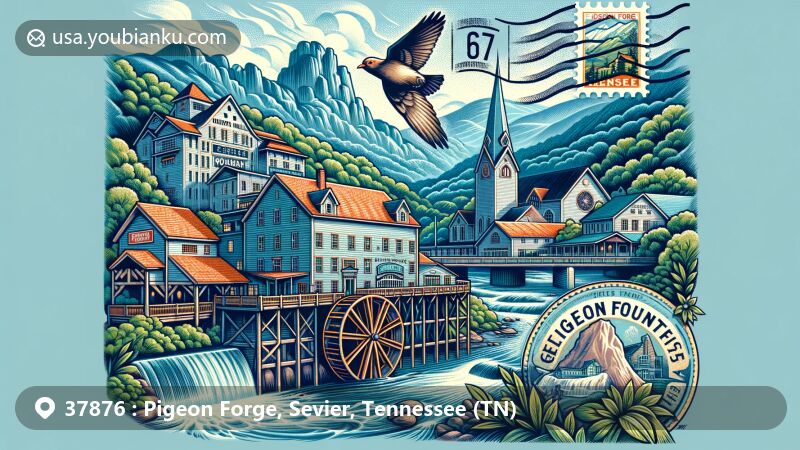 Modern illustration of Pigeon Forge, Sevier County, Tennessee, blending natural and cultural landmarks with postal elements, featuring Great Smoky Mountains National Park, The Old Mill, Little Greenbrier Church, and postal symbols like ZIP code 37876 and postmark with Pigeon Forge, TN.