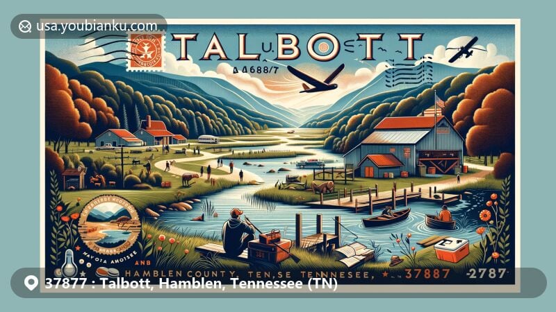 Modern illustration of Talbott, Hamblen County, Tennessee, highlighting postal theme with ZIP code 37877, featuring nature activities and scenic beauty of the Appalachian Ridge and Valley.
