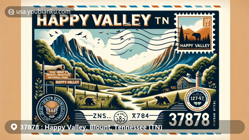 Modern illustration of Happy Valley, Blount County, Tennessee, highlighting ZIP code 37878 in a wide-format design. Features scenic beauty and landmarks of the Great Smoky Mountains National Park, with a postcard layout displaying lush landscapes, wildlife, and mountain range silhouette.