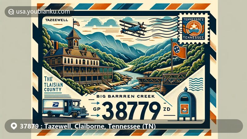 Modern illustration of Tazewell, Tennessee, featuring geographical and postal theme, incorporating natural beauty of Big Barren Creek and distant Appalachian mountains, highlighting Victorian-era prison symbolizing town's history, set against a backdrop of airmail envelope with stamps and postmarks, emphasizing '37879' ZIP Code, with Tennessee state flag and Claiborne County outline, along with mailbox and postal truck representing importance of postal service.