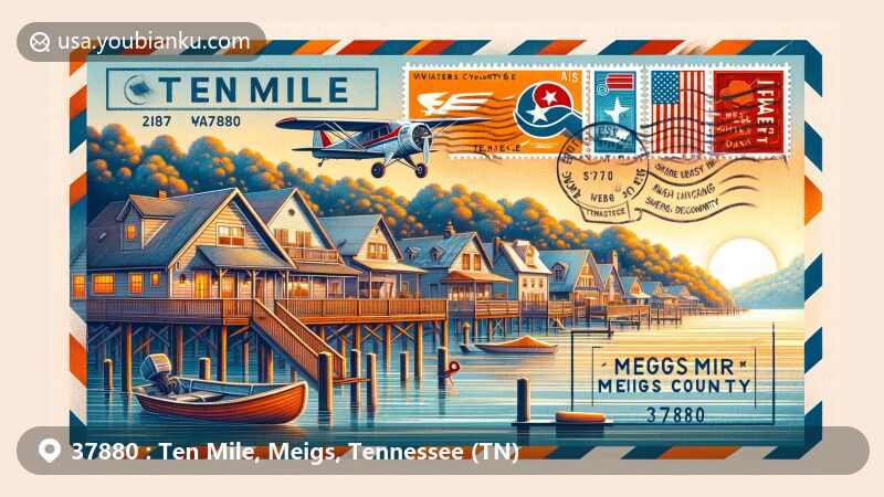 Modern illustration of Ten Mile, Meigs County, Tennessee (TN), featuring lakeside cottages along Watts Bar Lake with an aviation-themed airmail envelope, Tennessee state flag stamps, Meigs County outline, and ZIP code 37880.