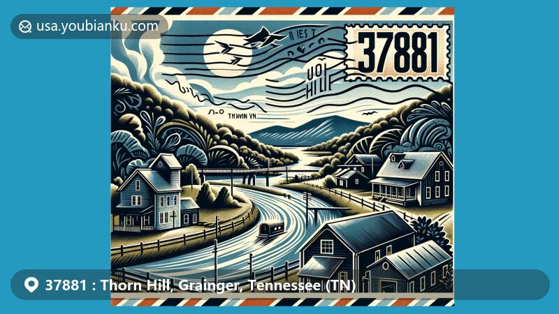 Modern illustration of Thorn Hill, Grainger County, Tennessee, highlighting rural landscape, historic marble quarry, Clinch River, postal theme with ZIP code 37881, and Tennessee state flag.