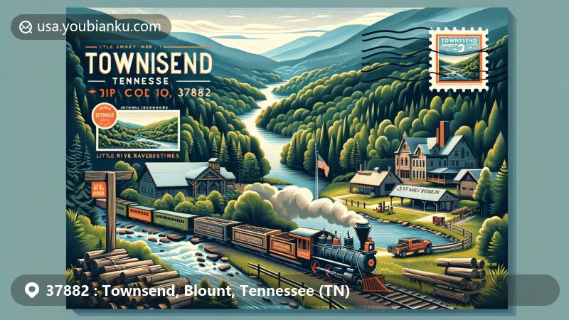 Modern illustration of Townsend, Tennessee area with ZIP code 37882, featuring Great Smoky Mountains National Park, Cades Cove, and Clingman's Dome, emphasizing natural beauty and local landmarks.