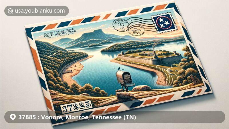 Modern illustration of Vonore, Monroe County, Tennessee, showcasing postal theme with ZIP code 37885, featuring airmail envelope on Tellico Lake shore with Fort Loudoun State Park in the background, reflecting area's history and natural beauty.