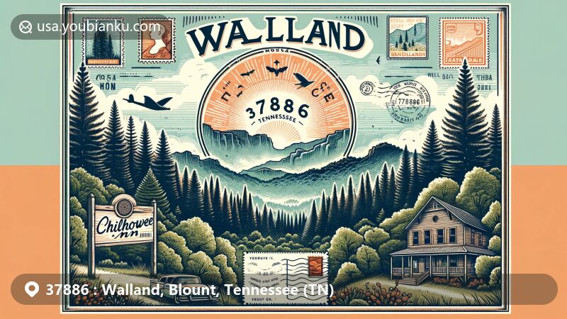 Modern illustration of Walland, Tennessee, showcasing postal theme with ZIP code 37886, surrounded by lush forests and mountain landscapes, incorporating historical and cultural references like Chilhowee Inn and the Great Smoky Mountains.