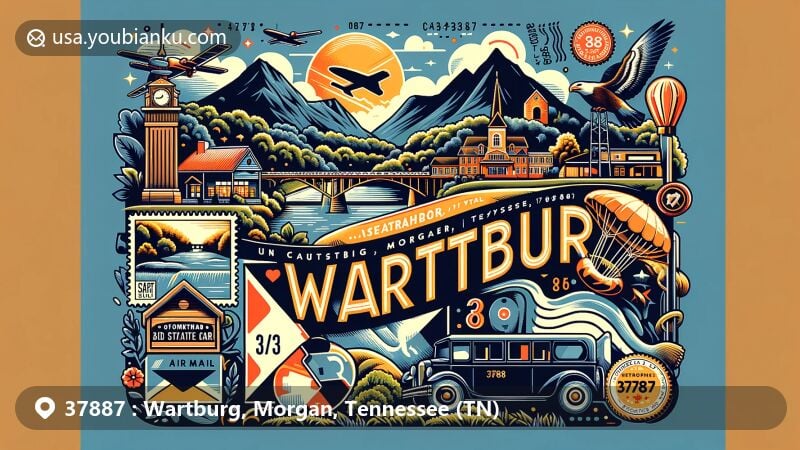 Modern illustration of Wartburg, Morgan County, Tennessee, capturing the essence of communication and connection through mail, featuring postal theme with ZIP code 37887, showcasing Crab Orchard Mountains and Bird Mountain in the background.