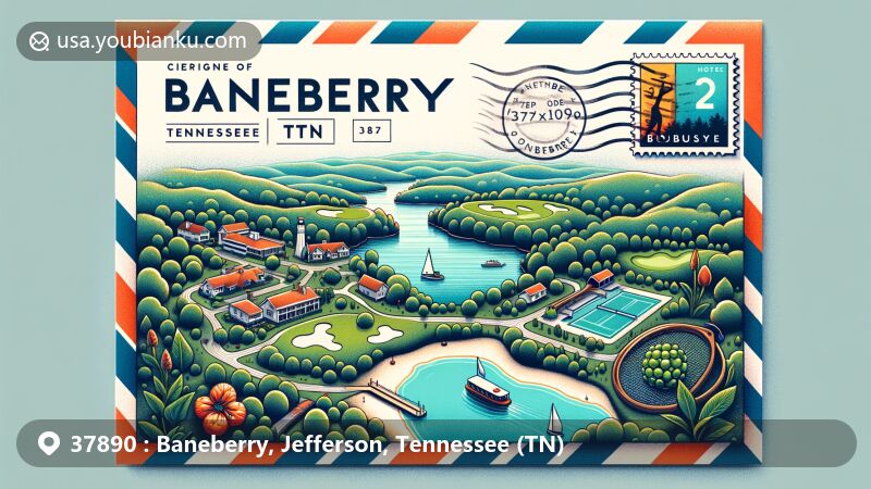 Modern illustration of Baneberry, Jefferson, Tennessee, featuring a creative aerial envelope or postcard concept with map outline, Douglas Lake, and symbols of Baneberry Golf and Resort, including baneberry plant and postal elements like stamp and postmark reading “Baneberry, TN 37890”.