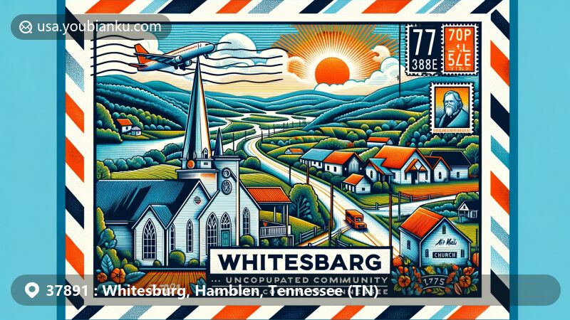 Modern illustration of Whitesburg, Hamblen County, Tennessee, showcasing pastoral scenery and postal theme with ZIP code 37891, featuring Bent Creek Church and U.S. Route 11E.