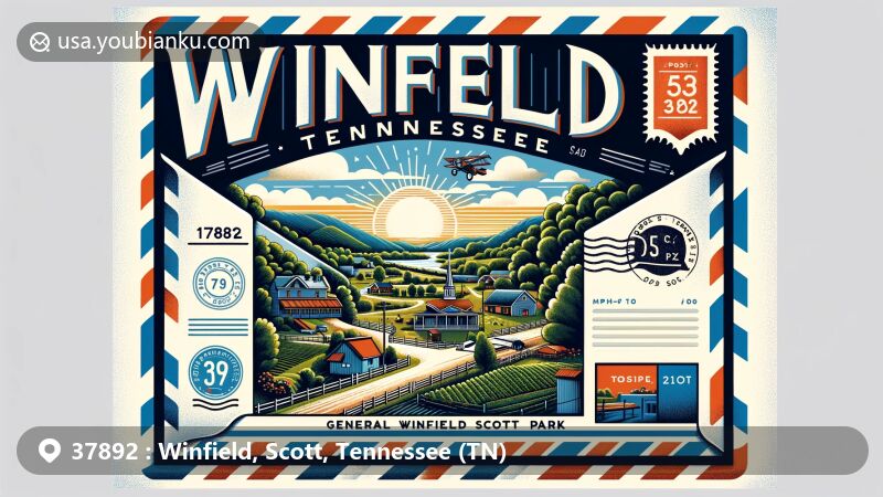 Modern illustration of Winfield, Tennessee, with postal theme highlighting landscape, General Winfield Scott Park, and ZIP code 37892, symbolizing community and nature in Scott County.