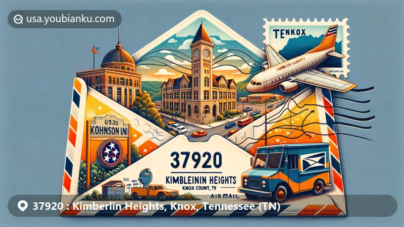 Modern illustration of Kimberlin Heights, Knox County, Tennessee, representing ZIP code 37920 with air mail envelope featuring Johnson University, Knox County outline, Tennessee state flag, mailbox, postage stamp, and postal delivery truck.