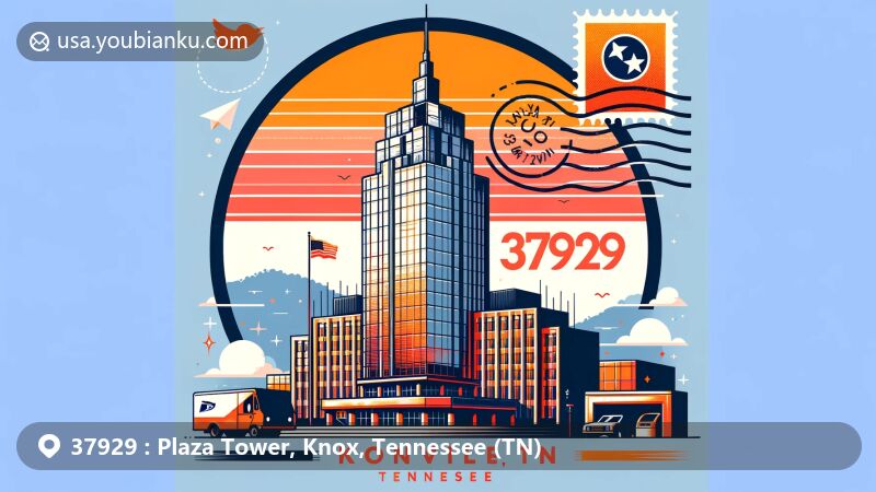 Modern illustration of Plaza Tower, the tallest building in Knoxville, Tennessee, highlighting postal theme with ZIP code 37929, integrating state flag and silhouette, and stylized postal elements.