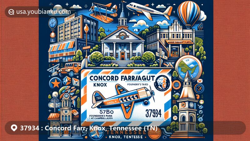 Modern illustration of Concord Farragut area in Knox County, Tennessee, with airmail envelope showcasing ZIP Code 37934 and symbolic landmarks of Farragut and Tennessee.