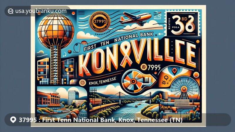 Modern illustration of Knoxville, Tennessee, featuring iconic landmarks like the Sunsphere and the Tennessee River, merged with postal themes including vintage postcard format, postmark, and ZIP Code 37995.