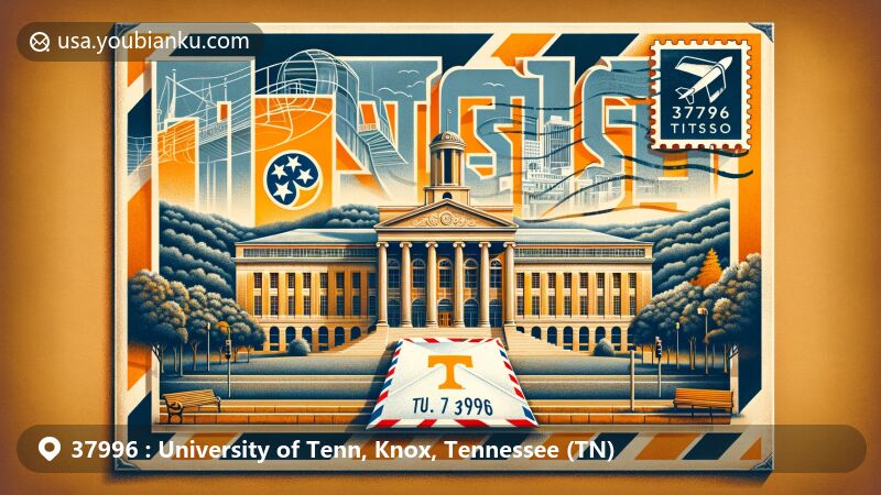 Modern illustration of the University of Tennessee in Knoxville, featuring iconic buildings Ayres Hall and Neyland Stadium with Tennessee's state flag. Postal theme includes airmail envelope with ZIP code 37996 and decorative postmark.