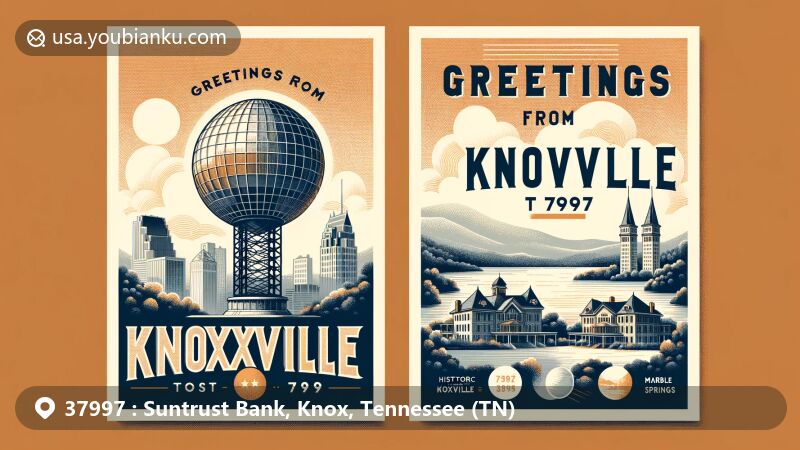 Modern illustration of Knoxville, Tennessee, featuring Sunsphere and notable landmarks like Ramsey House, showcasing city's history and natural beauty of East Tennessee with Great Smoky Mountains in the backdrop.