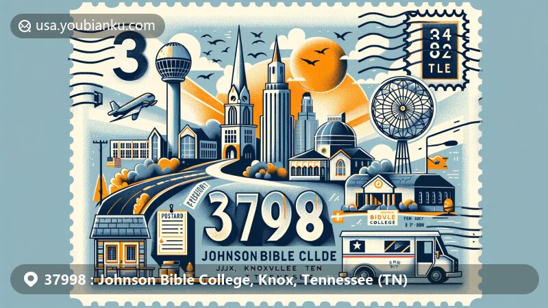 Modern illustration of Johnson University in Knoxville, Tennessee, capturing the scenic campus and vibrant student life.