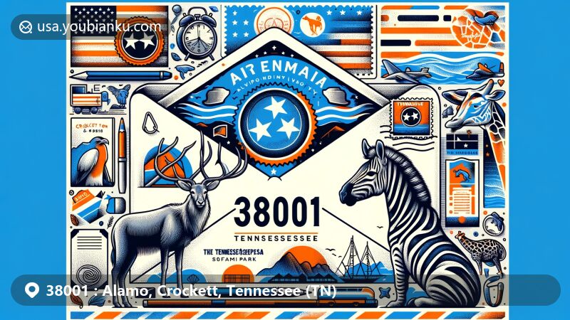 Modern illustration of Alamo area, Crockett County, Tennessee, featuring airmail theme with ZIP code 38001, showcasing Tennessee state flag, Crockett County map, and elements representing Tennessee Safari Park like zebras, giraffes, and kangaroo.