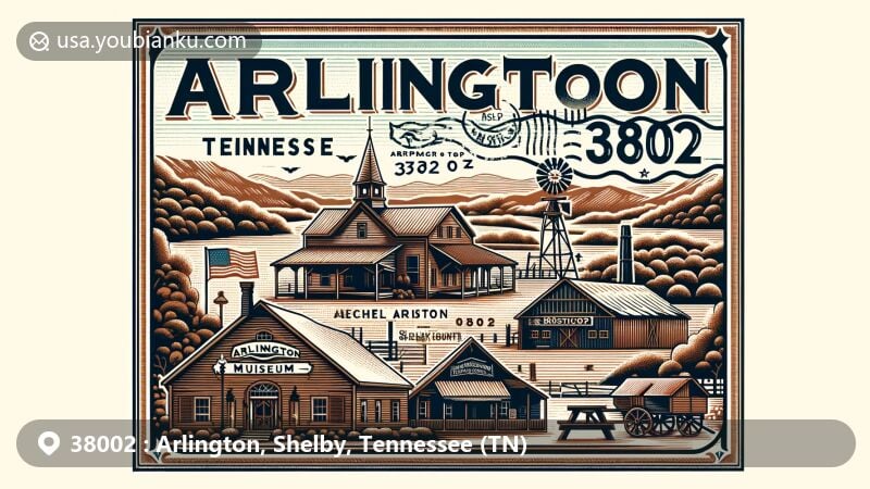 Modern illustration of Arlington, Tennessee, blending historical and modern elements, featuring Rachel H.K. Museum, a blacksmith shop, schools, and community growth, with a postal theme and ZIP code 38002.