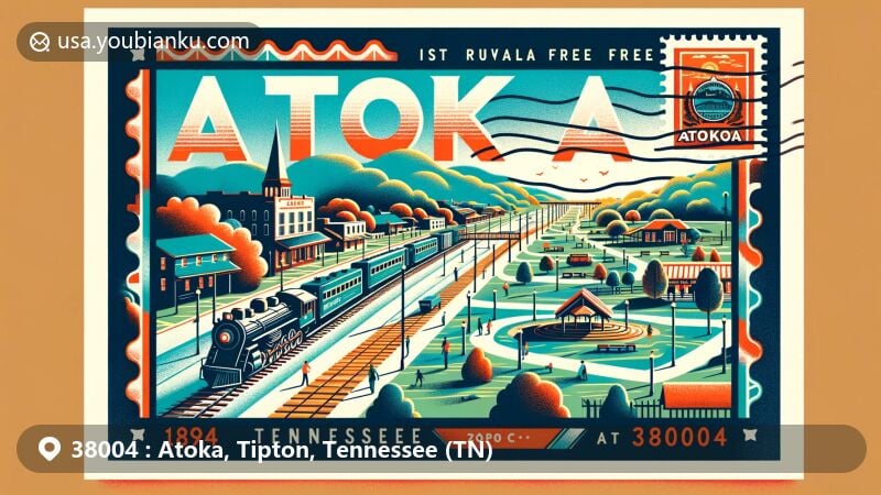 Modern illustration of Atoka area in Tipton County, Tennessee, with ZIP code 38004, blending historic railroad town charm with contemporary community features and green spaces.